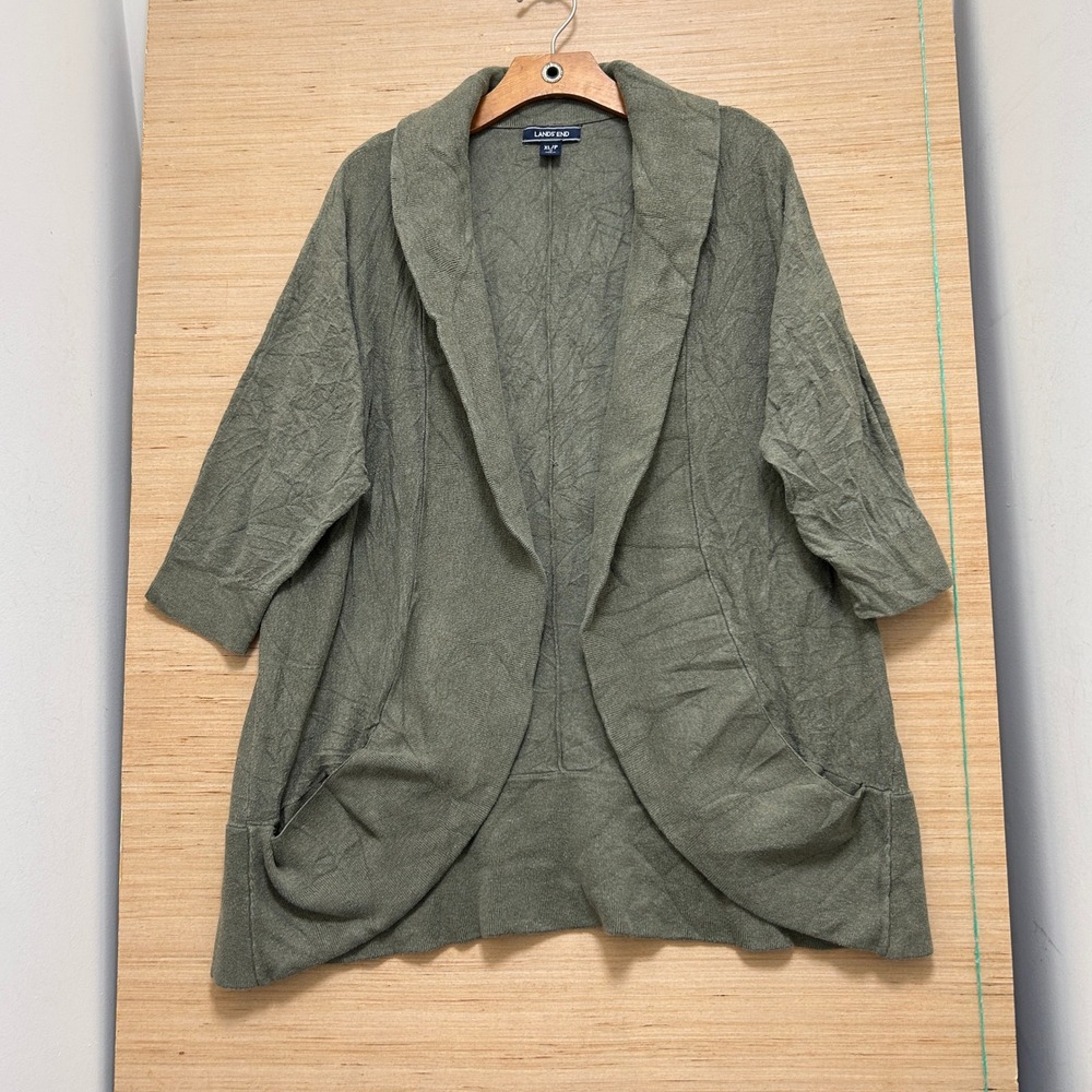 Lands End Womensβ XL/P Olive Green Open Front Shawl Collar Cardigan Pockets 5460